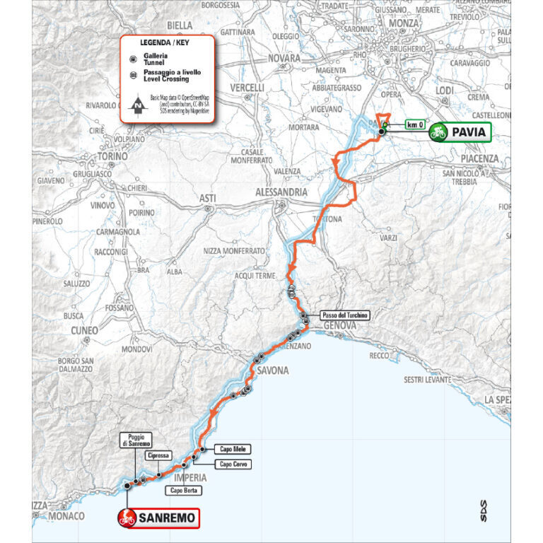 Planimetria del percorso della Milano-Sanremo 2026 con Cipressa e Poggio