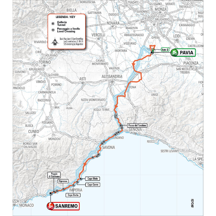 Planimetria del percorso della Milano-Sanremo 2026 con Cipressa e Poggio