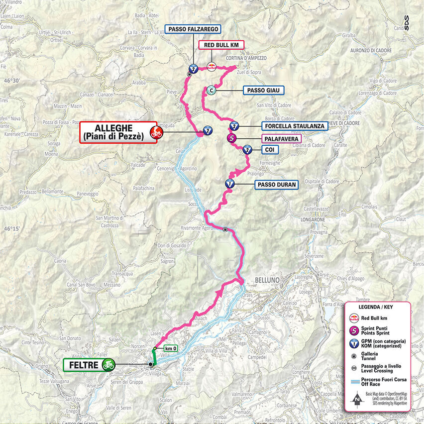 Planimetria ufficiale tappa 19 Giro d'Italia 2026, Feltre - Alleghe/Piani di Pezzè