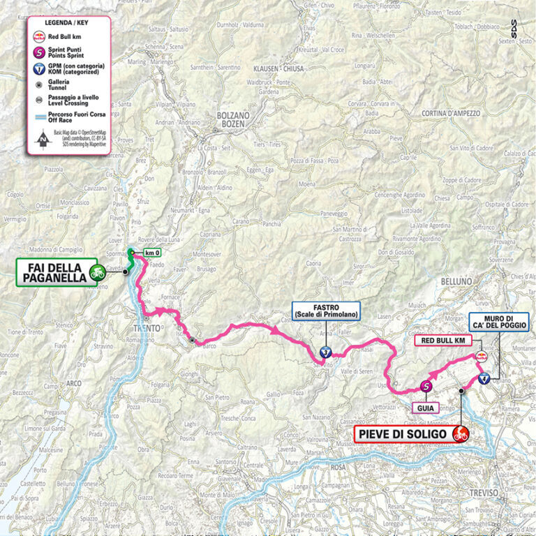 Planimetria ufficiale tappa 18 Giro d’Italia 2026, Fai della Paganella - Pieve di Soligo