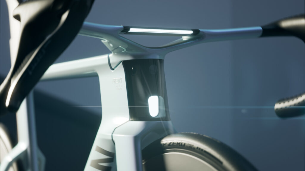 Dettaglio radar frontale e luci integrate della Canyon Predict