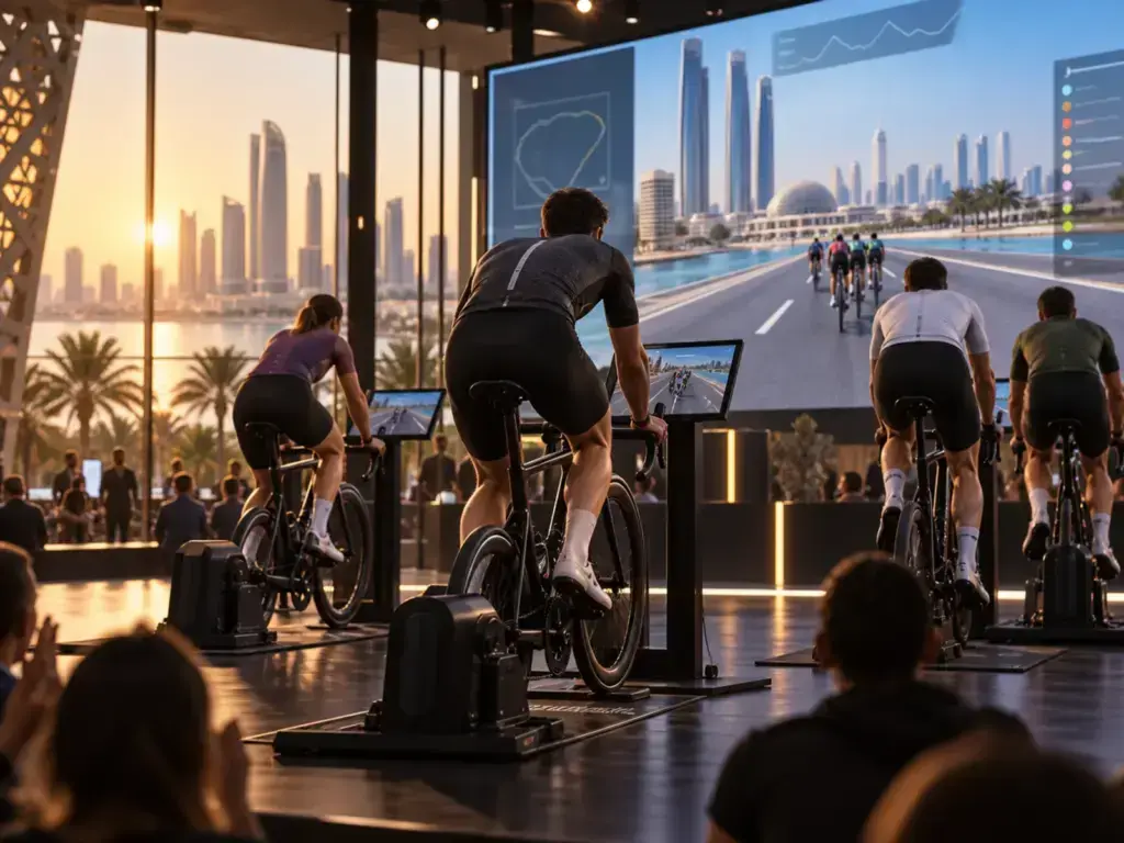 Illustrazione editoriale: MyWhoosh e UCI: Abu Dhabi resta il centro dell’esport ciclistico