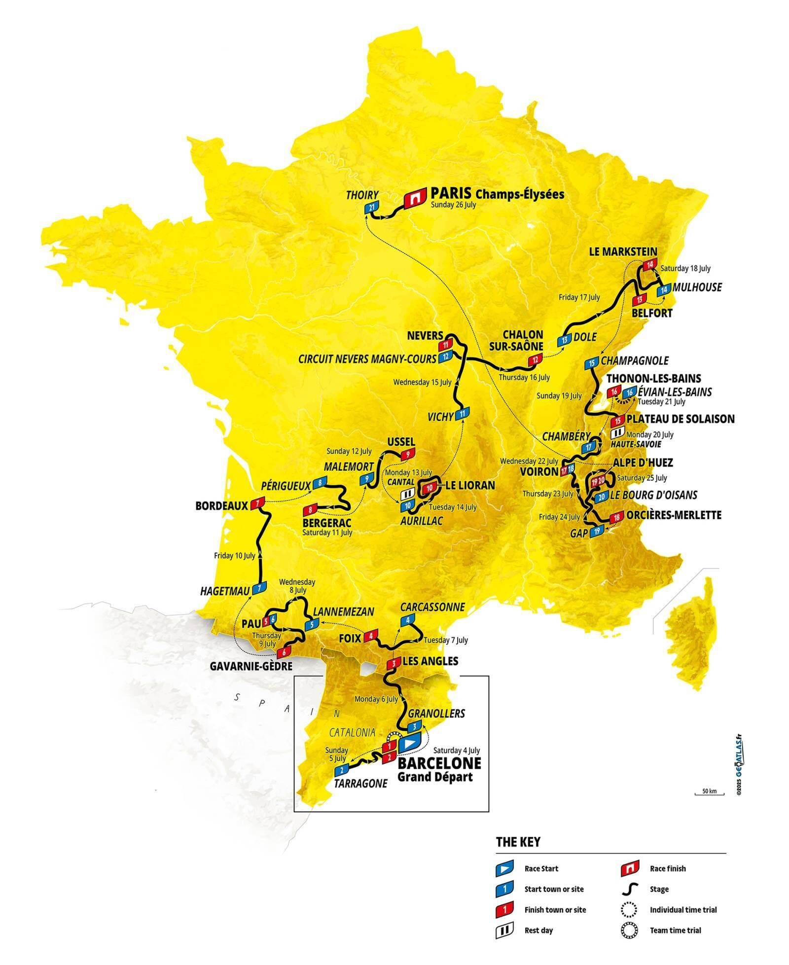 Planimetria ufficiale del percorso del Tour de France 2026 da Barcellona a Parigi