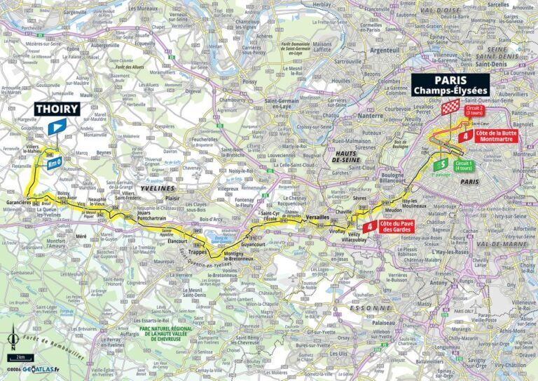 Mappa ufficiale della tappa 21 del Tour de France 2026 con circuito finale a Parigi e Montmartre
