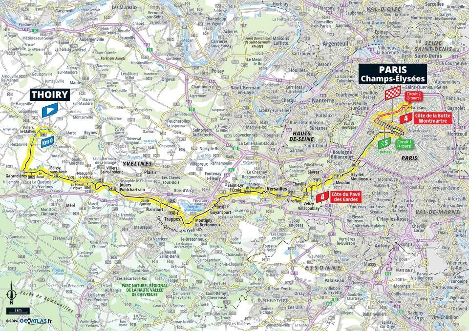 Mappa ufficiale della tappa 21 del Tour de France 2026 con circuito finale a Parigi e Montmartre
