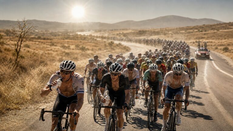 Illustrazione editoriale del gruppo al Tour de France sotto caldo estremo