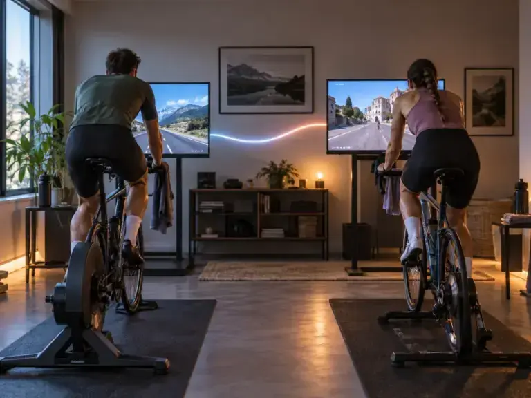 Illustrazione editoriale: Zwift acquisisce Rouvy: cosa cambia per il ciclismo indoor