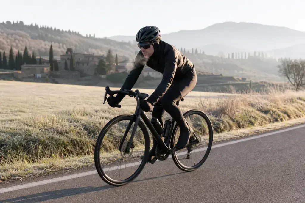 Ciclista durante un allenamento in bici con il freddo su una strada asciutta
