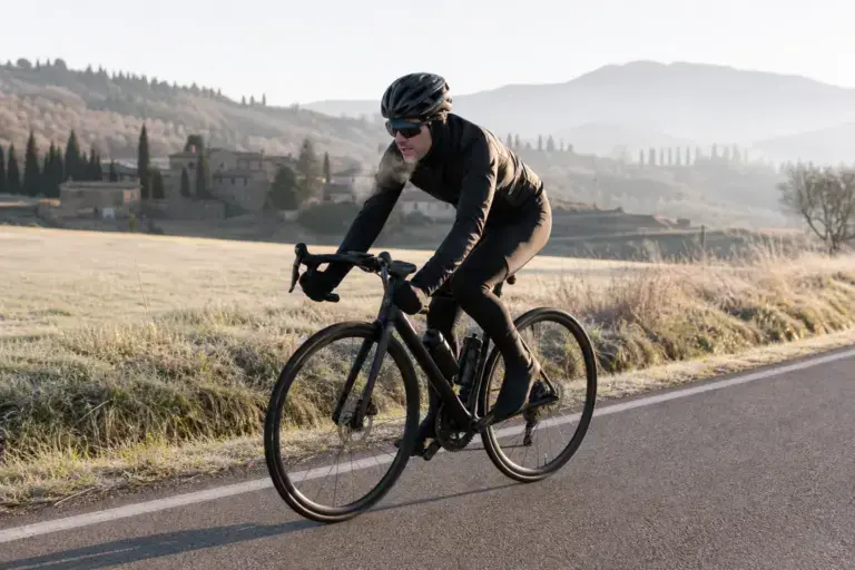 Ciclista durante un allenamento in bici con il freddo su una strada asciutta
