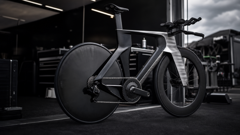 Illustrazione editoriale di bici da cronometro futuristica nel paddock del Tour de France 2026