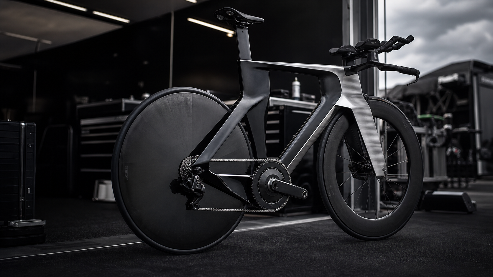 Illustrazione editoriale di bici da cronometro futuristica nel paddock del Tour de France 2026