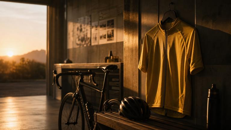 Illustrazione editoriale con maglia gialla e bici da corsa per il ritiro di Chris Froome