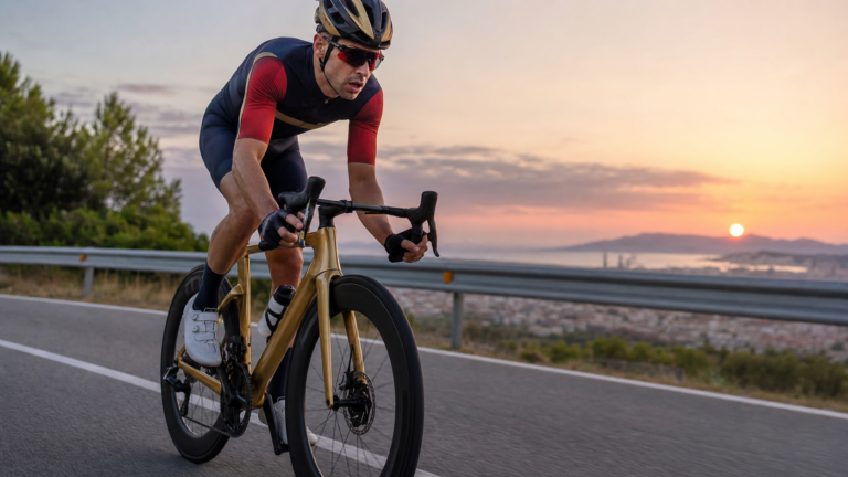 Illustrazione editoriale di una bici aero dorata in vista del Tour de France 2026