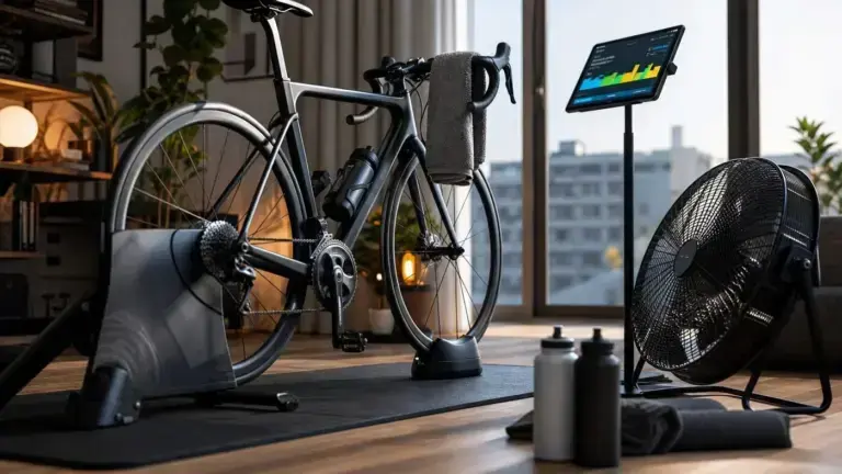 Bici da corsa su smart trainer con tablet e ventilatore per allenamento indoor sui rulli