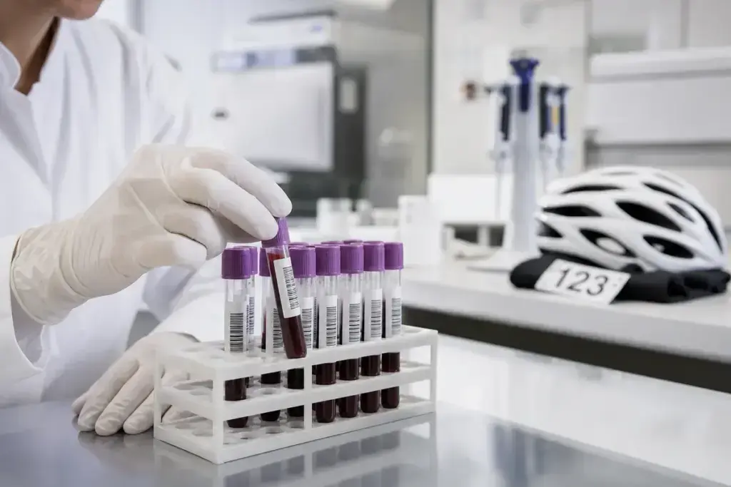 Illustrazione editoriale dell’analisi di campioni di sangue per il passaporto biologico nel ciclismo