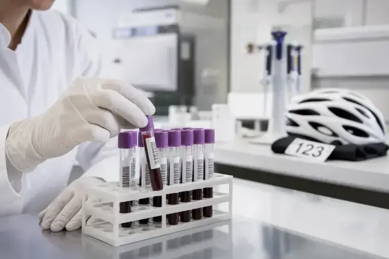 Illustrazione editoriale dell’analisi di campioni di sangue per il passaporto biologico nel ciclismo