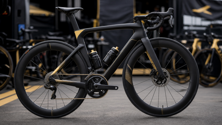 Illustrazione editoriale di una bici aero nera e oro nel paddock del Tour de France 2026