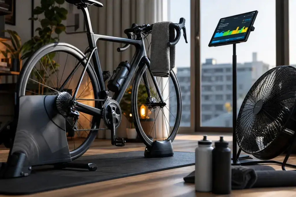 Postazione Zwift con rullo smart, ventilatore, tappetino e schermo