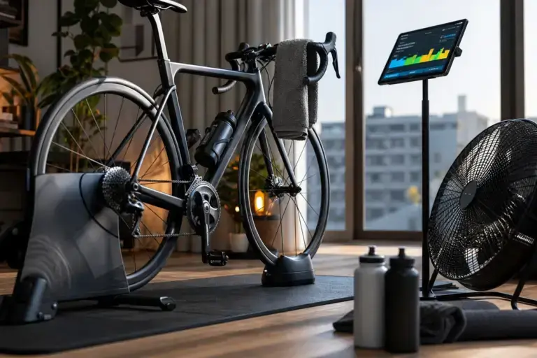 Postazione Zwift con rullo smart, ventilatore, tappetino e schermo