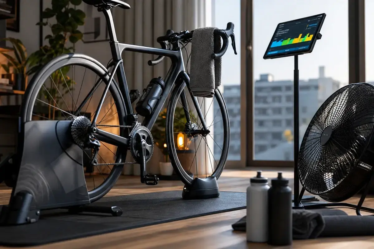 Postazione Zwift con rullo smart, ventilatore, tappetino e schermo