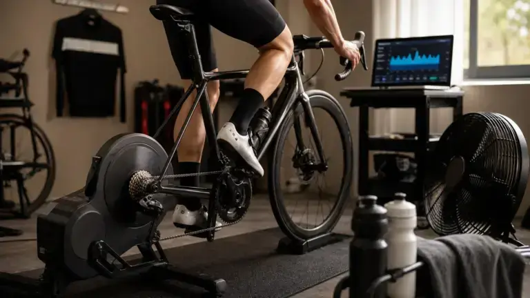 Ciclista su rulli smart trainer durante un test FTP indoor