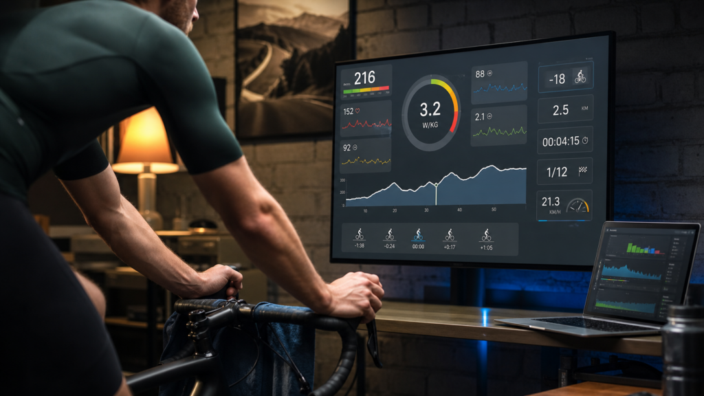 Dashboard indoor con dati avanzati per Zwift, illustrazione editoriale