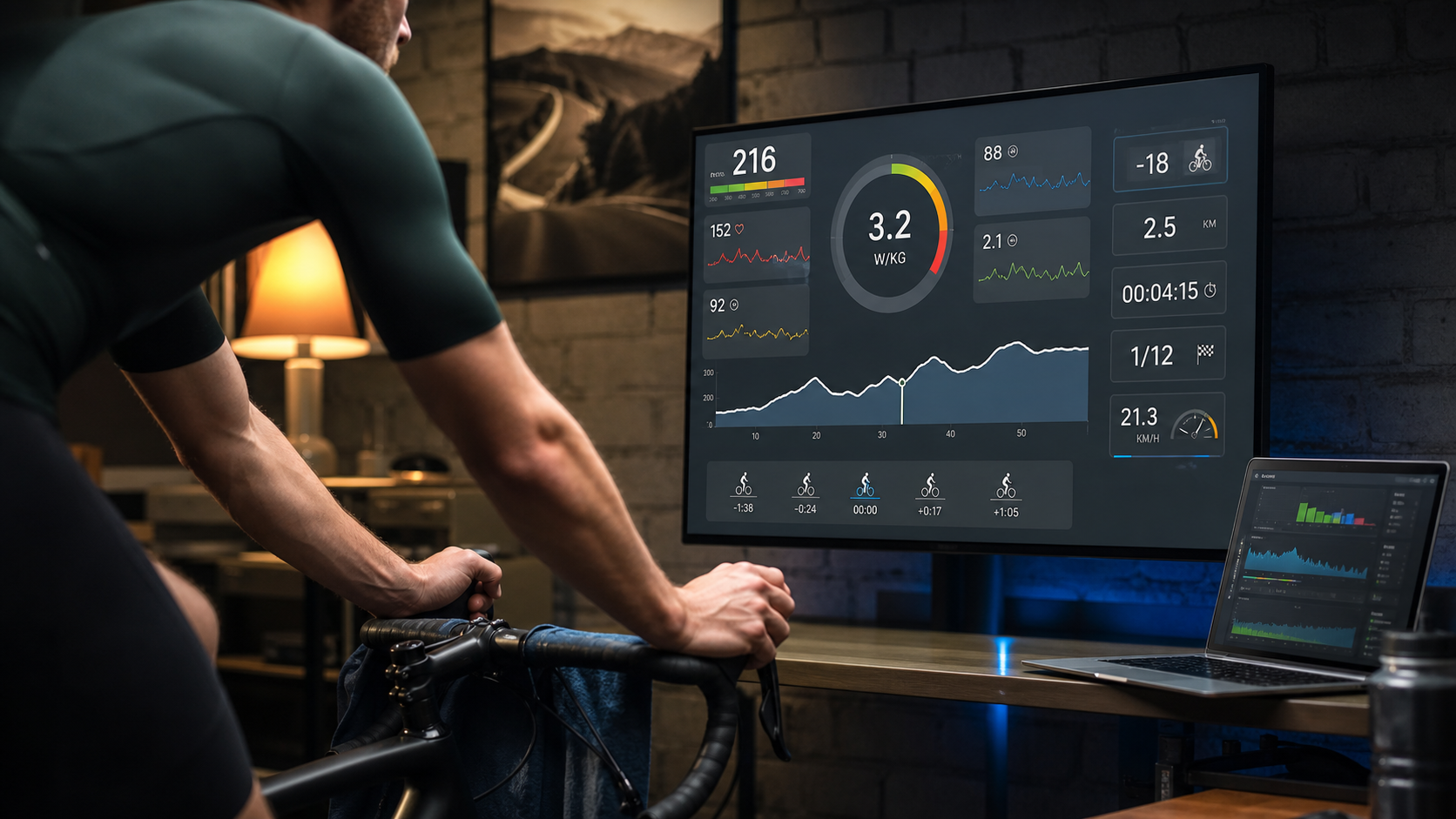 Dashboard indoor con dati avanzati per Zwift, illustrazione editoriale