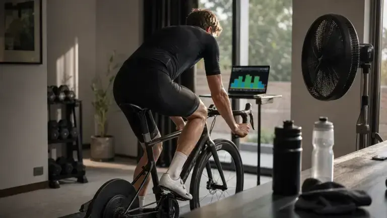 Ciclista sui rulli durante un allenamento sweet spot