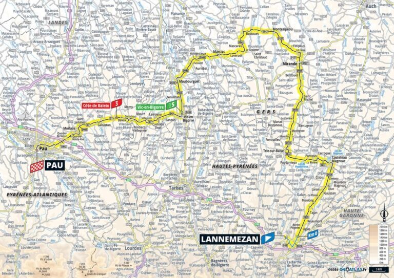 Mappa ufficiale della tappa 5 del Tour de France 2026 da Lannemezan a Pau