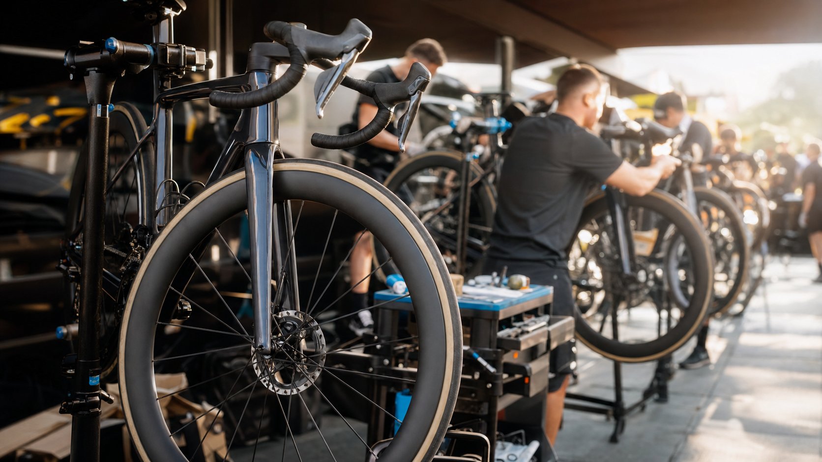 Illustrazione editoriale di un paddock tecnico al Tour de France con bici da corsa su cavalletti e meccanici al lavoro