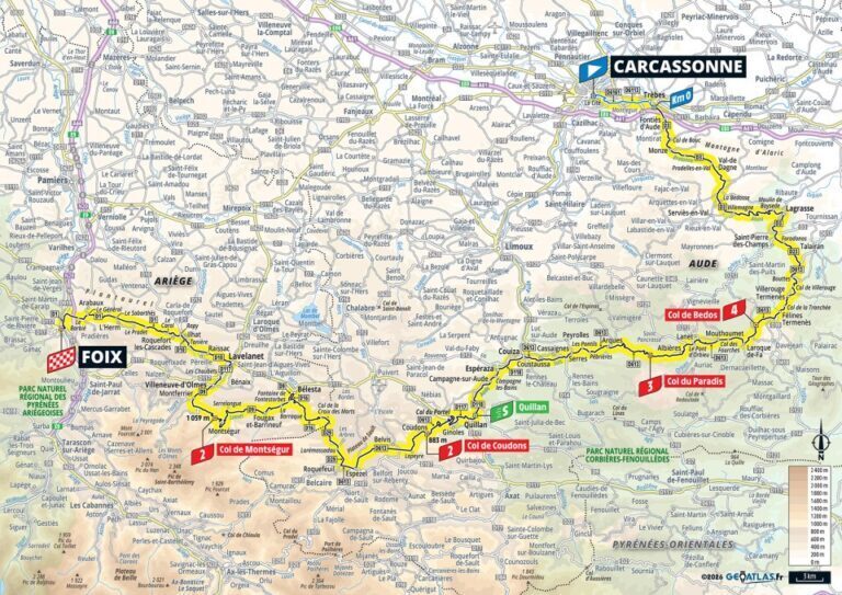 Mappa ufficiale della tappa 4 del Tour de France 2026 da Carcassonne a Foix