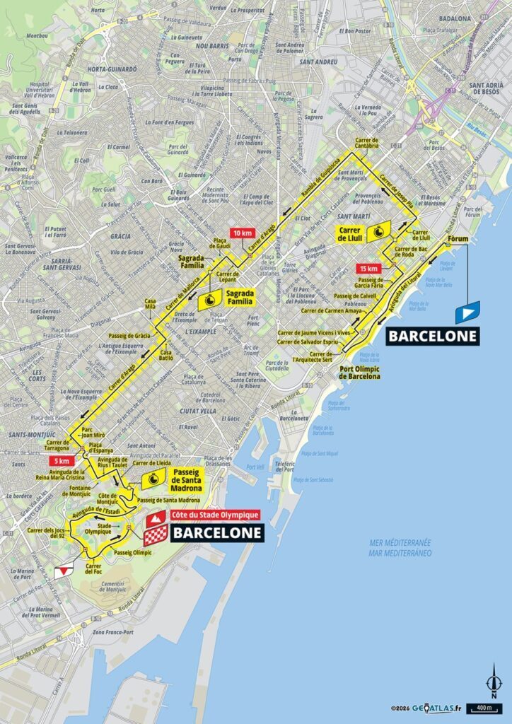 Mappa tappa 1 Tour de France 2026, cronosquadre Barcellona-Barcellona