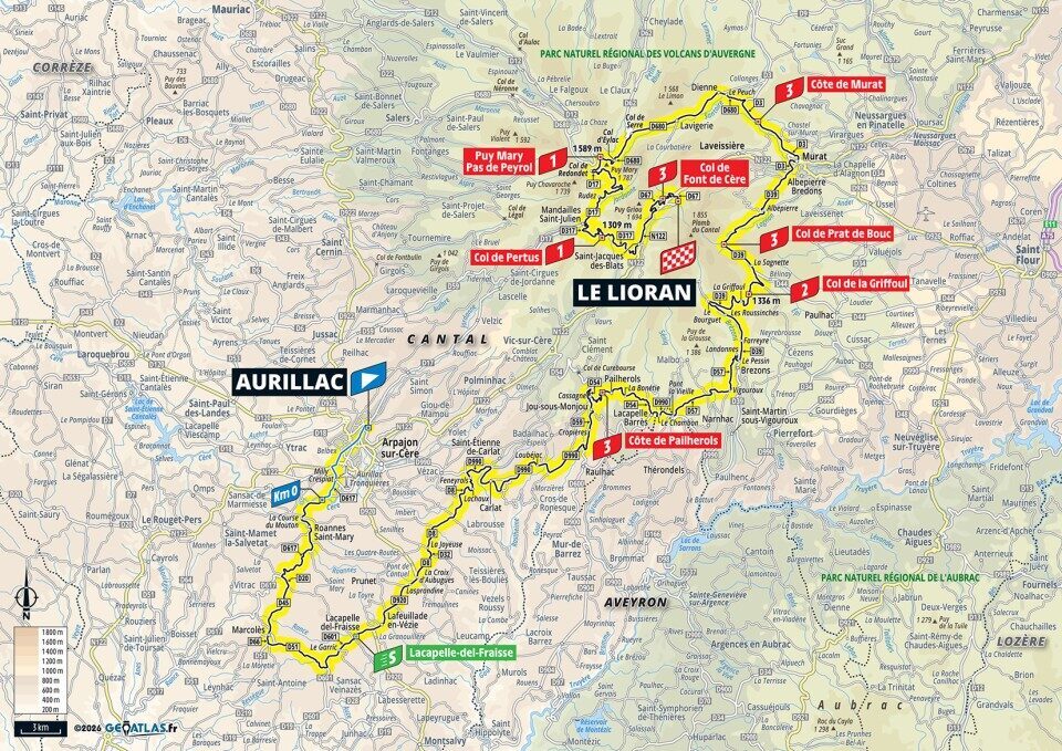 Mappa ufficiale della tappa 10 del Tour de France 2026 da Aurillac a Le Lioran