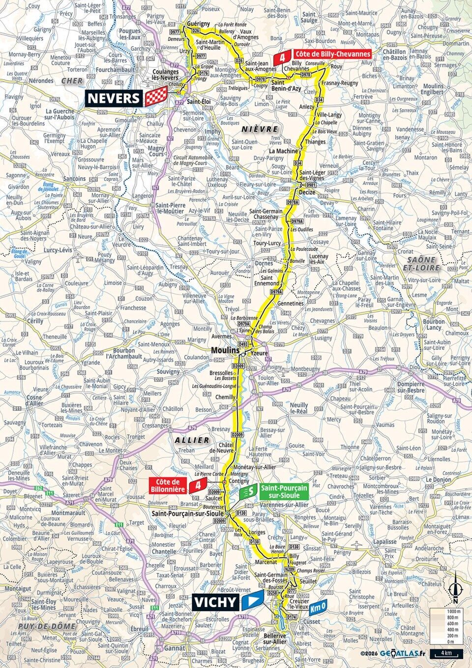 Mappa ufficiale della tappa 11 del Tour de France 2026 da Vichy a Nevers