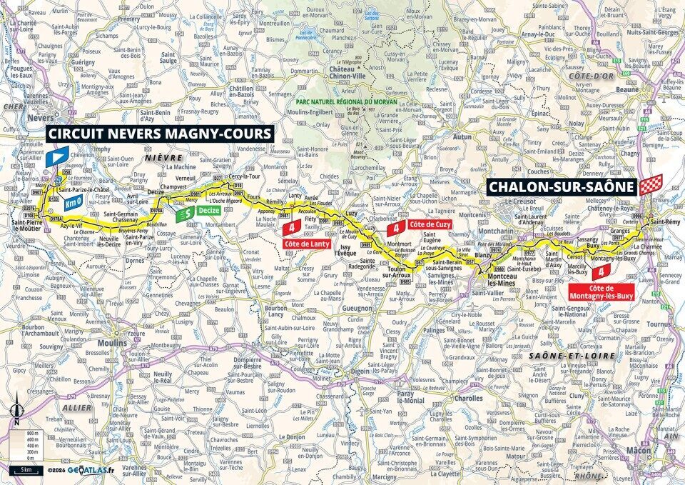 Mappa ufficiale della tappa 12 del Tour de France 2026 da Circuit Nevers Magny-Cours a Chalon-sur-Saône
