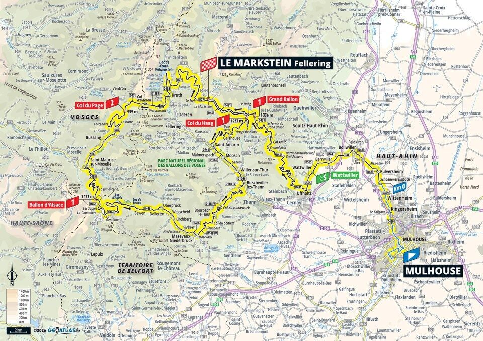 Mappa ufficiale della tappa 14 del Tour de France 2026 da Mulhouse a Le Markstein Fellering