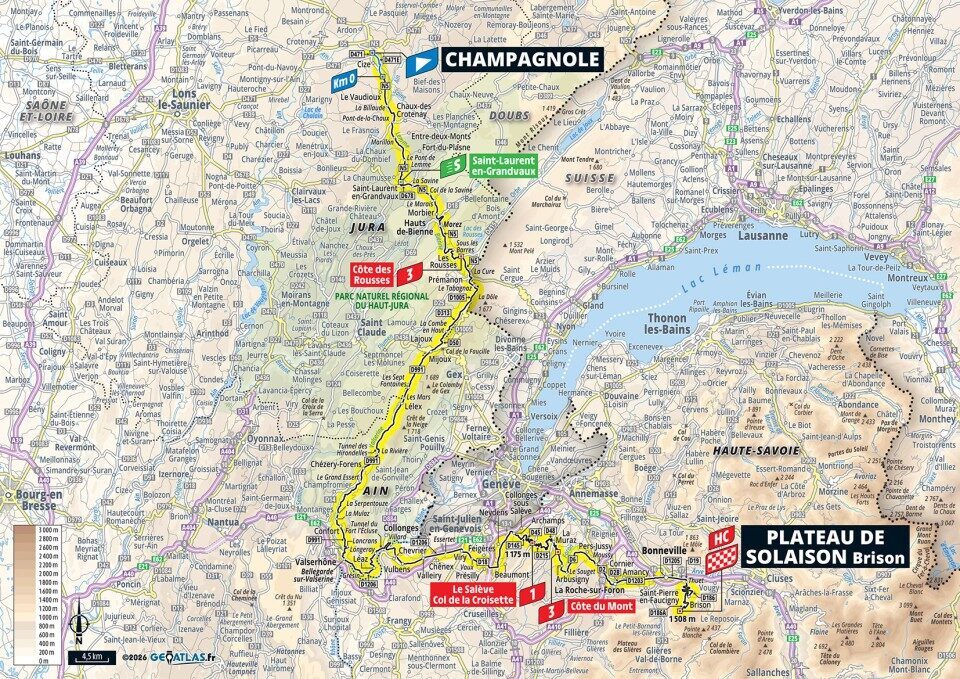 Mappa ufficiale della tappa 15 del Tour de France 2026 da Champagnole a Plateau de Solaison