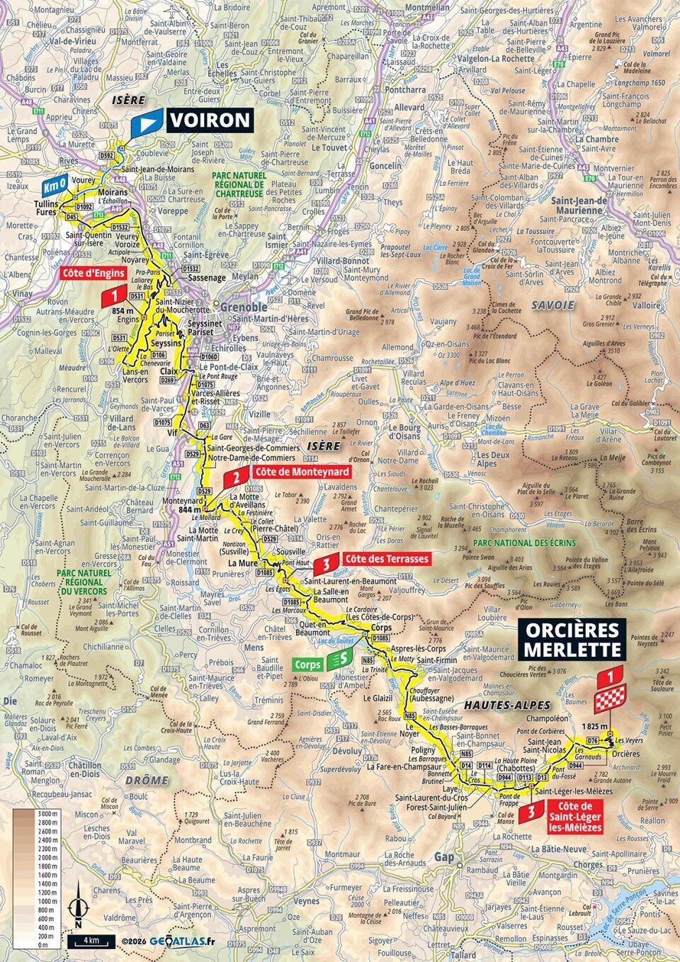 Mappa ufficiale della tappa 18 del Tour de France 2026 da Voiron a Orcières-Merlette