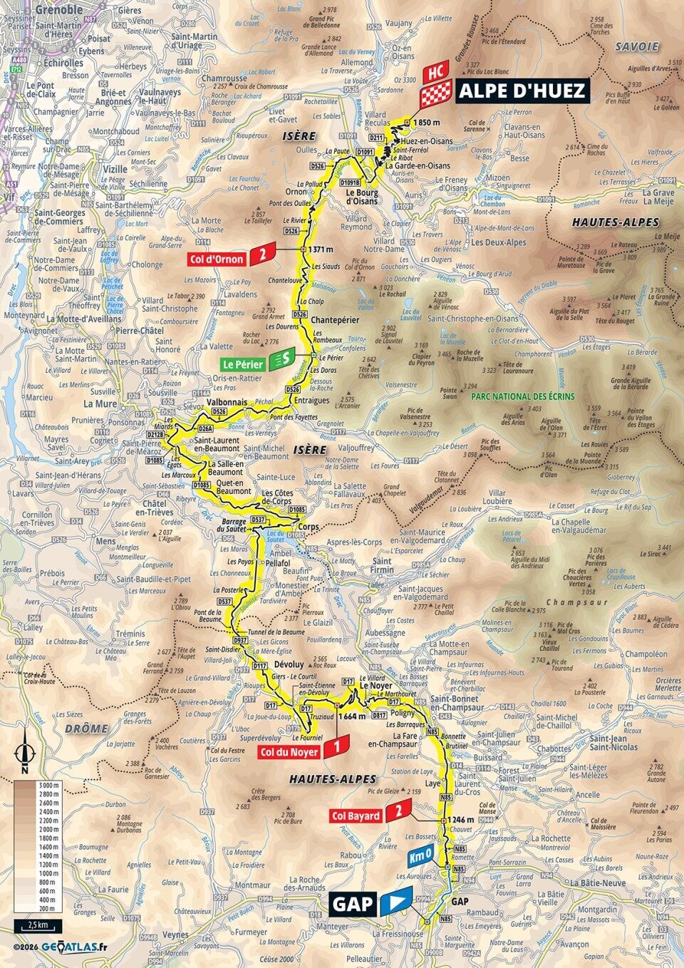 Mappa ufficiale della tappa 19 del Tour de France 2026 da Gap a Alpe d’Huez