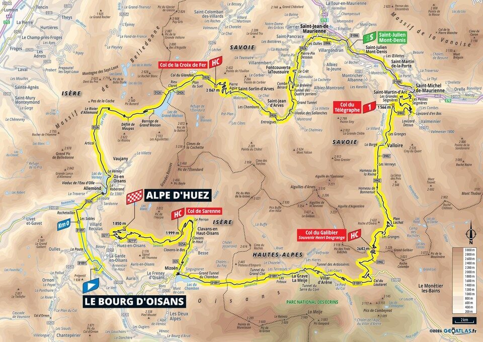 Mappa ufficiale della tappa 20 del Tour de France 2026 da Le Bourg d’Oisans a Alpe d’Huez
