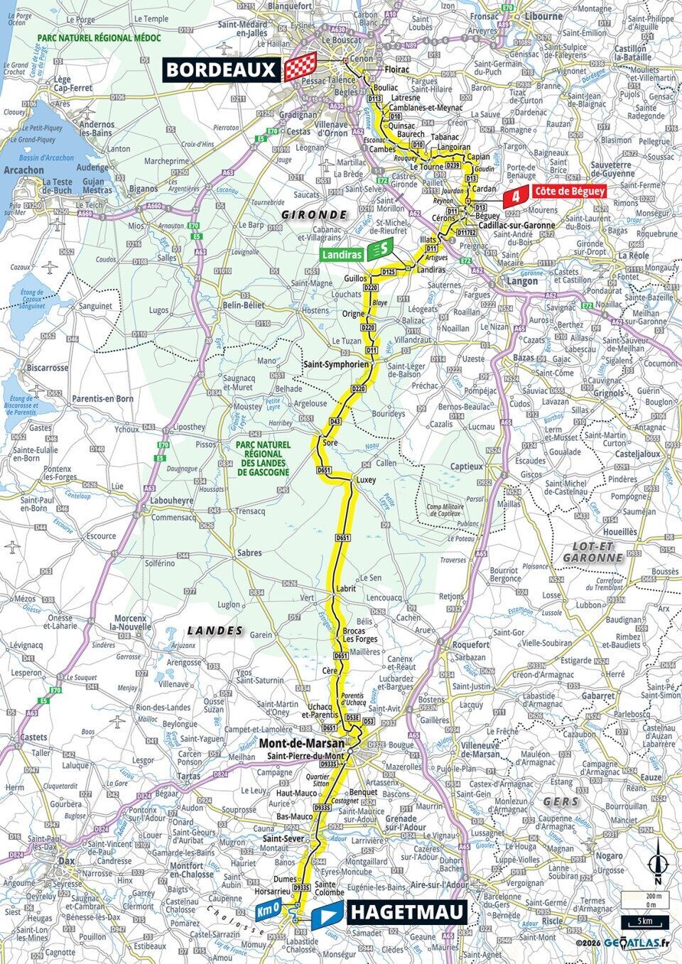 Mappa ufficiale della tappa 7 del Tour de France 2026 da Hagetmau a Bordeaux