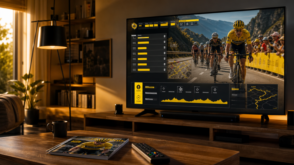 TV con grafica ciclistica per seguire il Tour de France 2026 in streaming, illustrazione editoriale
