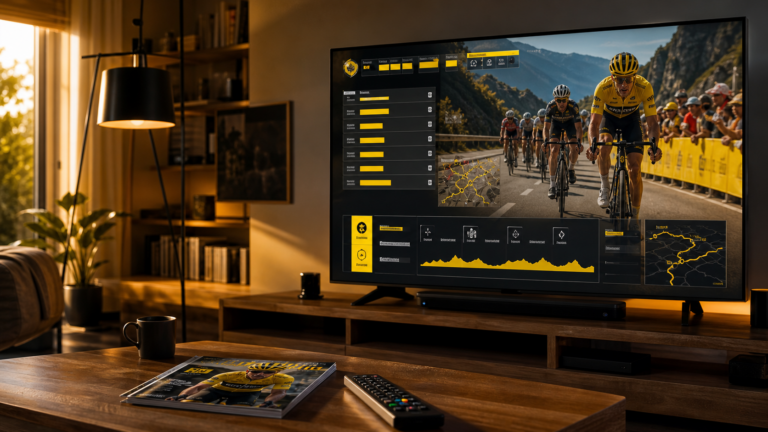 TV con grafica ciclistica per seguire il Tour de France 2026 in streaming, illustrazione editoriale