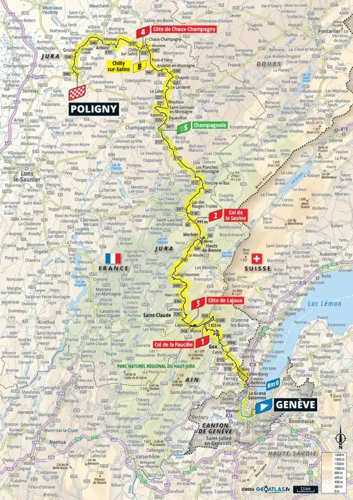 Planimetria ufficiale della tappa 3 Ginevra-Poligny del Tour de France Femmes 2026