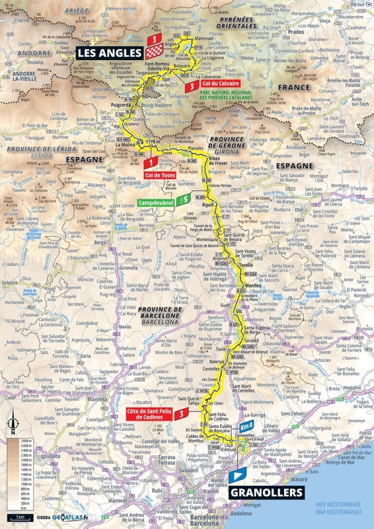 Mappa ufficiale della tappa 3 del Tour de France 2026 da Granollers a Les Angles