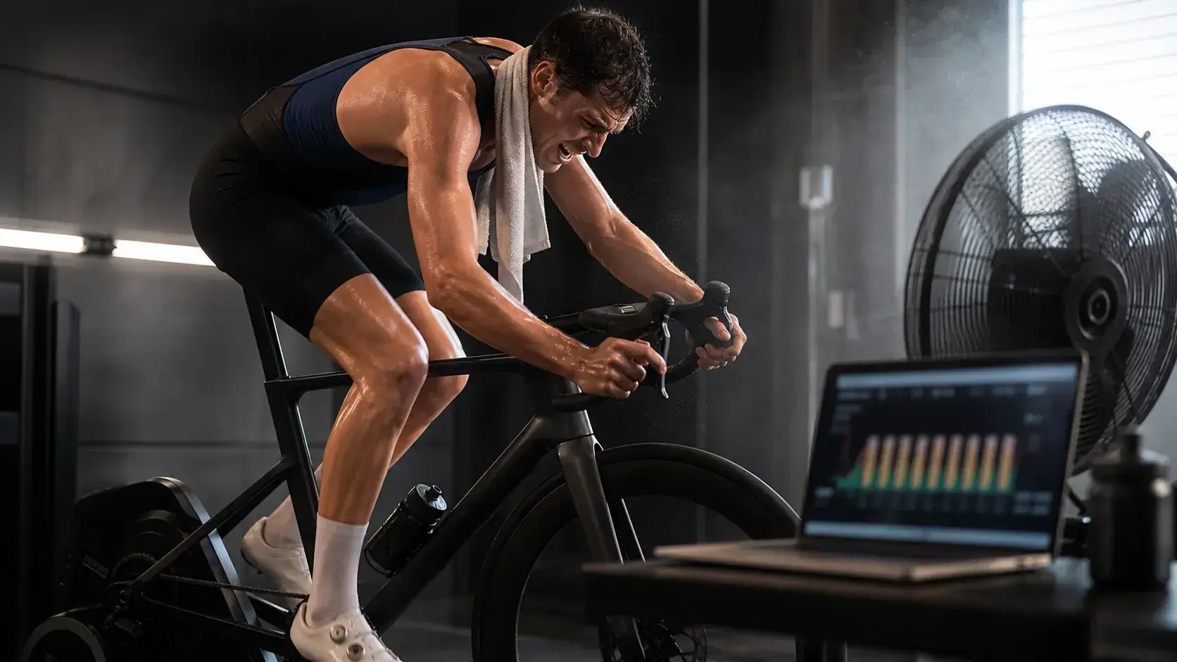 Ciclista impegnato in ripetute VO2max 30 30 sui rulli indoor