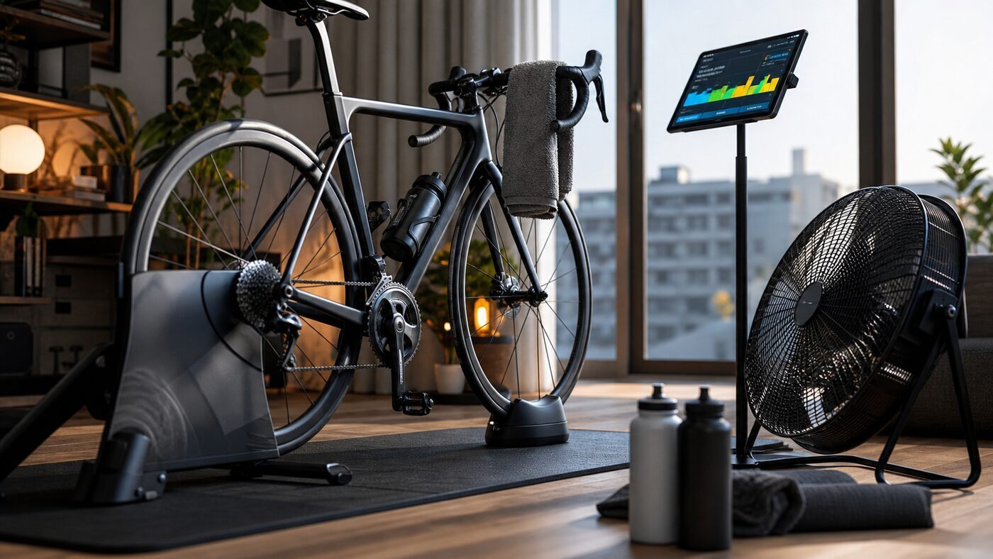 Bici da corsa su smart trainer con tablet e ventilatore per allenamento indoor sui rulli