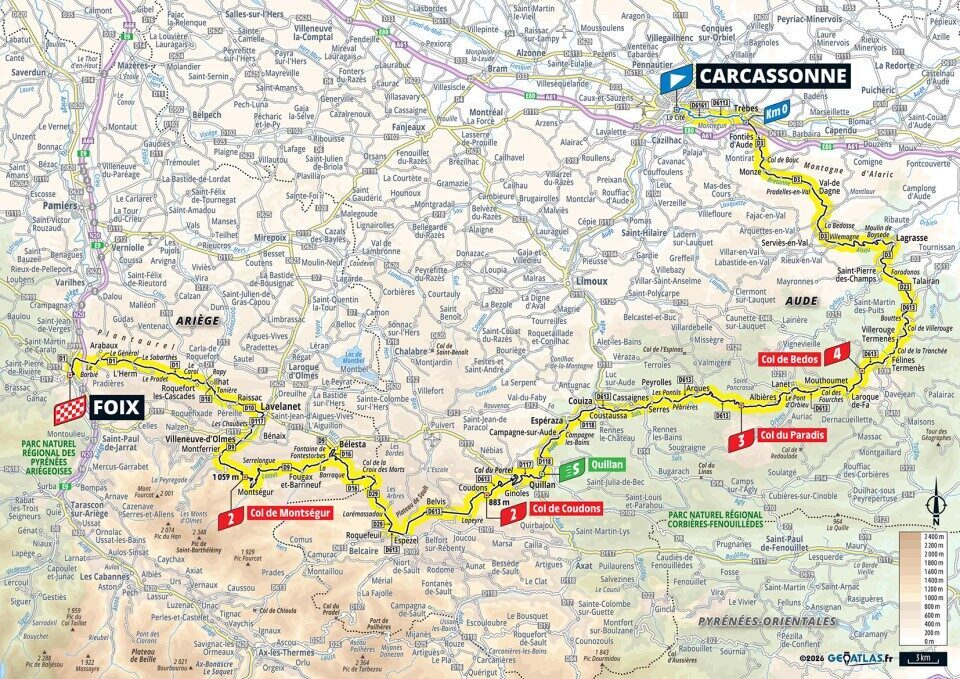 Mappa ufficiale della tappa 4 del Tour de France 2026 da Carcassonne a Foix