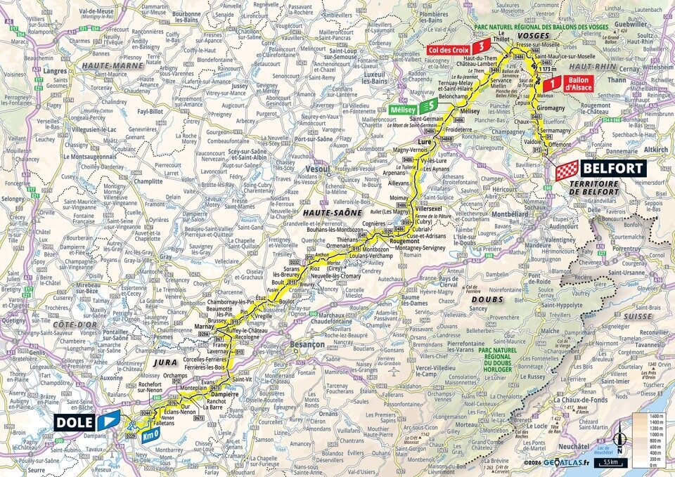 Mappa ufficiale della tappa 13 del Tour de France 2026 da Dole a Belfort