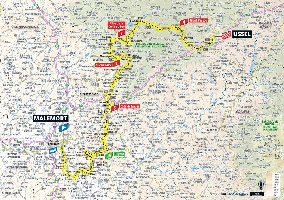 Mappa ufficiale della tappa 9 del Tour de France 2026 da Malemort a Ussel